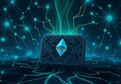 Opróżniany portfel Ethereum przez mroczne macki z sieci węzłów. Surrealistyczna wizja kradzieży kryptowalut.