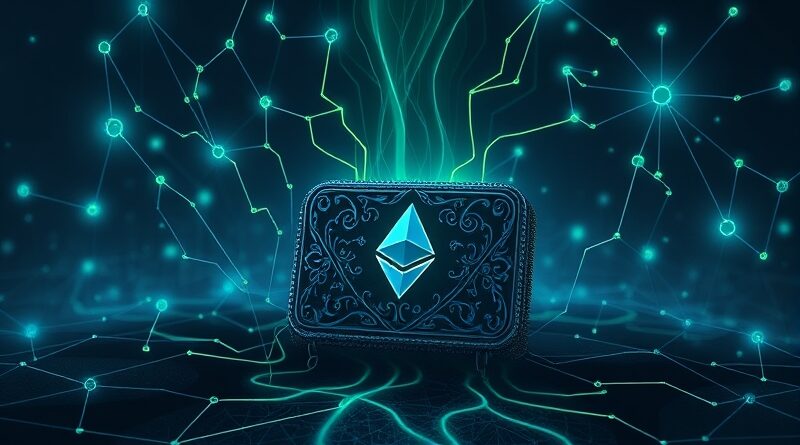 Opróżniany portfel Ethereum przez mroczne macki z sieci węzłów. Surrealistyczna wizja kradzieży kryptowalut.