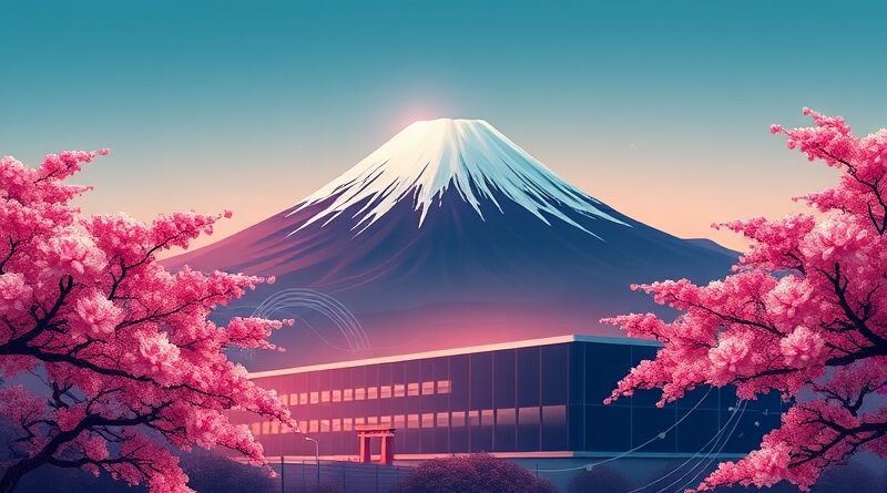 Góra Fuji i data center splecione siecią, symbol japońskiej innowacji i technologicznego postępu.