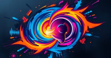 Barwny wir dźwiękowy połyka uszy, symbolizując przełomowe możliwości analizy audio. NVIDIA Audio Flamingo Next.
