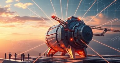 Futurystyczna maszyna ASML, kluczowa dla globalnej sieci, dominująca nad miniaturowymi inżynierami, symbol krzemowej supremacji.