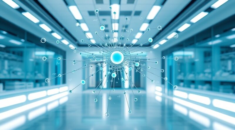 Abstrakcyjny model AI: połączone węzły i równania w sterylnym laboratorium, rygor matematyczny w nowoczesnym ujęciu.