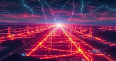 Krzemowa gorączka: Stylizowana sieć energetyczna zasilająca centra danych AI na horyzoncie.