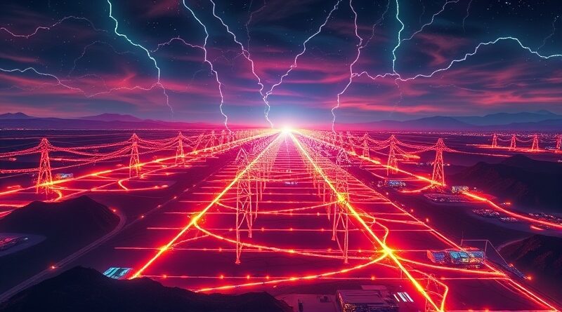 Krzemowa gorączka: Stylizowana sieć energetyczna zasilająca centra danych AI na horyzoncie.