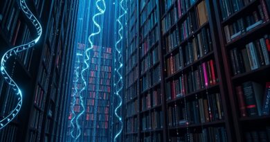 Biblioteka pełna DNA piszącego zdania, binarny kod, art nouveau, reprezentacja "Cell-to-Sentence".