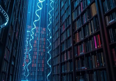 Biblioteka pełna DNA piszącego zdania, binarny kod, art nouveau, reprezentacja "Cell-to-Sentence".