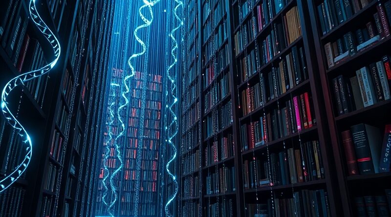 Biblioteka pełna DNA piszącego zdania, binarny kod, art nouveau, reprezentacja "Cell-to-Sentence".