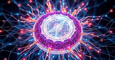 Kwantowy rdzeń sterowany przez sieć neuronową, iryzujące obwody w krystalicznej strukturze, strumienie danych jako światło.