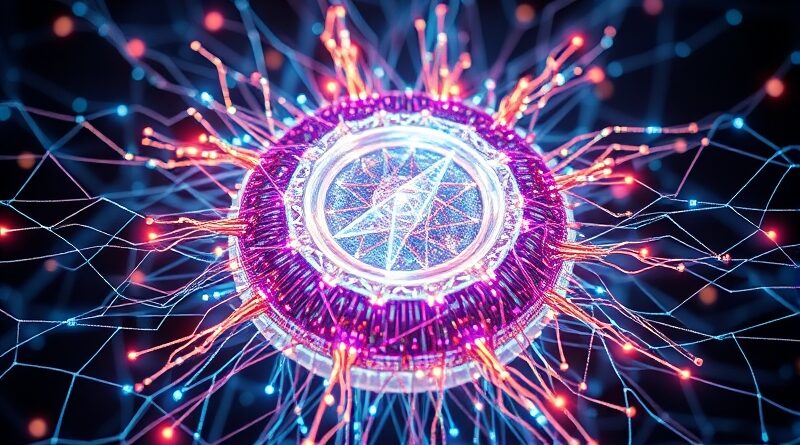 Kwantowy rdzeń sterowany przez sieć neuronową, iryzujące obwody w krystalicznej strukturze, strumienie danych jako światło.