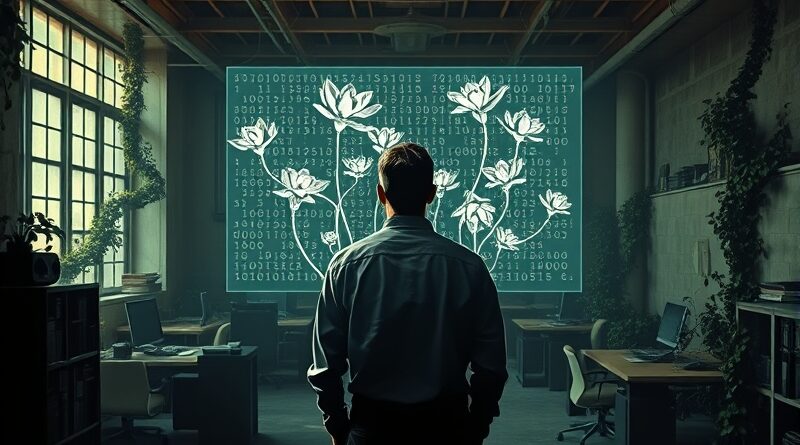 Zrezygnowany inżynier obserwuje rozkwit cyfrowych kwiatów z kodu binarnego w opuszczonym biurze.