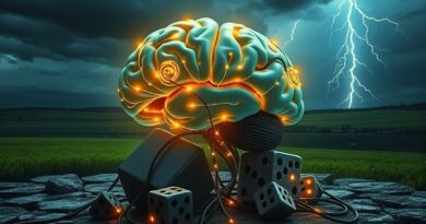Świecący mózg z obwodami na rozpadających się kościach do gry, burza w tle.