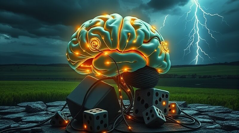 Świecący mózg z obwodami na rozpadających się kościach do gry, burza w tle.