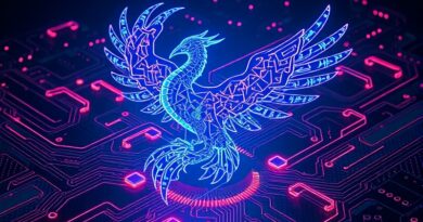 Futurystyczny feniks z obwodów scalonych wznosi się z gruzów zachodniego chipu, symbol chińskiej niezależności technologicznej.