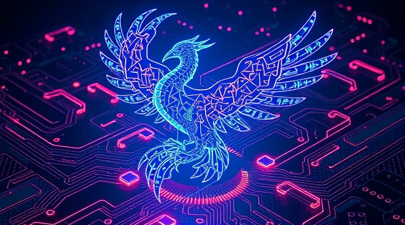 Futurystyczny feniks z obwodów scalonych wznosi się z gruzów zachodniego chipu, symbol chińskiej niezależności technologicznej.