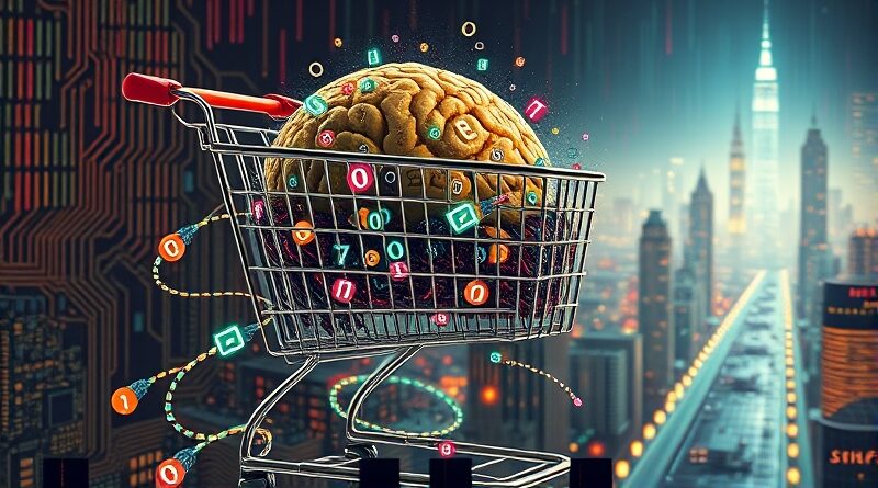 Wózek sklepowy wypełniony danymi jako mózg, miasto z obwodów, pastelowe barwy, alegoria algorytmów w zakupach.