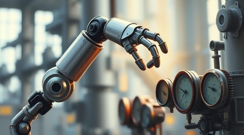 Abstrakcyjna wizja: robotyczna ręka bada analogowe wskaźniki w hali fabrycznej, w duchu Gemini Robotics-ER 1.6.