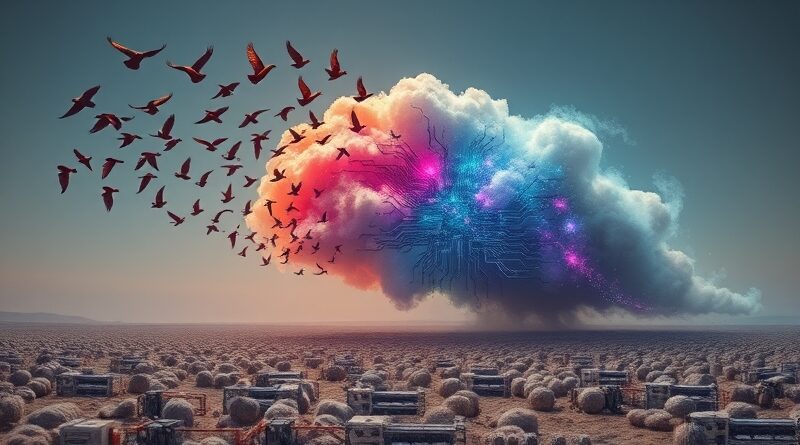 Chmara ptaków przeistacza się w płytę główną na tle pustkowia wełnianych nici. Transformacja Allbirds w NewBird AI.