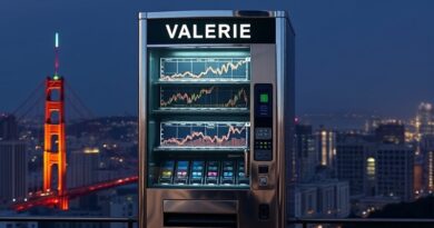 Automat "Valerie" z chromu, San Francisco w tle, wykresy finansowe w środku, ramię AI manipuluje giełdą (styl art nouveau).