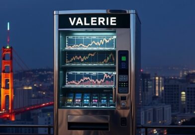 Automat "Valerie" z chromu, San Francisco w tle, wykresy finansowe w środku, ramię AI manipuluje giełdą (styl art nouveau).