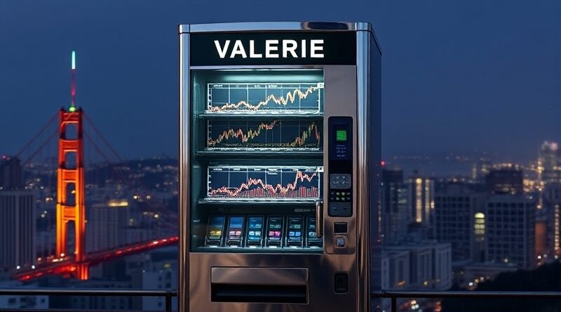 Automat "Valerie" z chromu, San Francisco w tle, wykresy finansowe w środku, ramię AI manipuluje giełdą (styl art nouveau).
