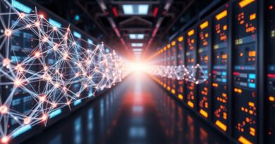 Piezoelektryczna sieć krystaliczna wibruje w futurystycznej serwerowni, symbolizując efektywny przepływ energii i danych.