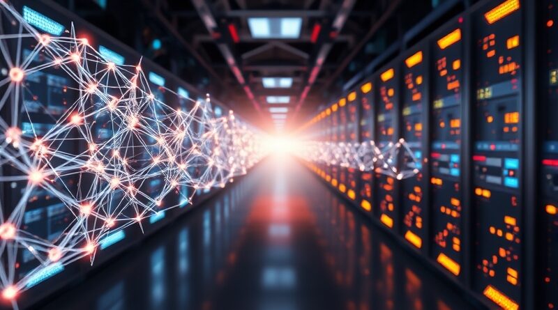 Piezoelektryczna sieć krystaliczna wibruje w futurystycznej serwerowni, symbolizując efektywny przepływ energii i danych.