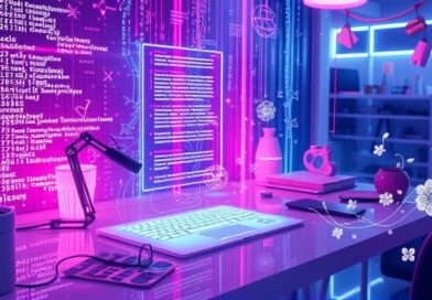 Futurystyczne stanowisko pracy z neonowym światłem, hologramy kodu i kwiatów. Interfejs prezentuje ewolucję projektu szkicu w dopracowany design.
