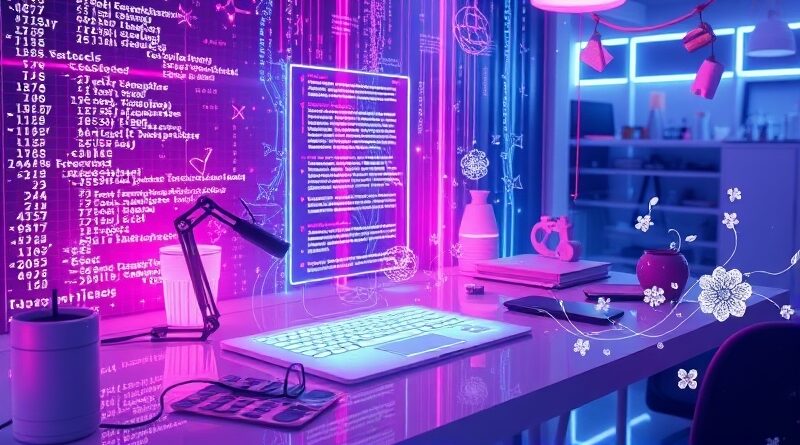Futurystyczne stanowisko pracy z neonowym światłem, hologramy kodu i kwiatów. Interfejs prezentuje ewolucję projektu szkicu w dopracowany design.