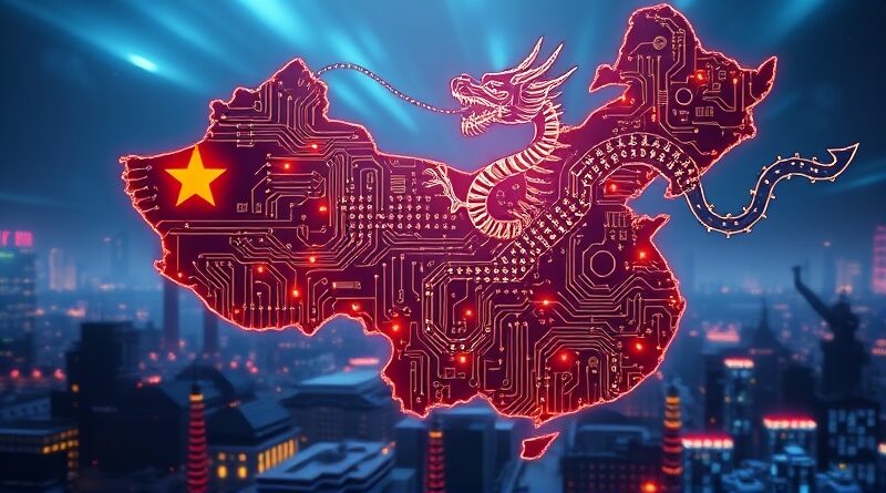 Cyfrowy smok z obwodów, mapa Chin, energia, technologia i ambicje krajowe.
