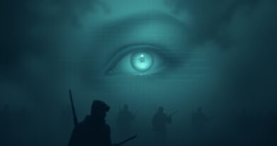 Mgła cyfrowa wojny skrywa sylwetki na polu bitwy. Jedno oko w mroku - wiedza i odpowiedzialność.