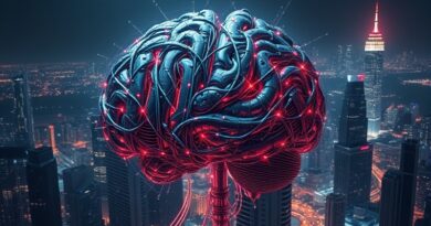 Abstrakcyjny, mechaniczny mózg z światłowodów na tle zglitchowanego miasta. Autonomia AI, podatność cybernetyczna.