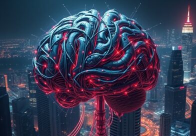 Abstrakcyjny, mechaniczny mózg z światłowodów na tle zglitchowanego miasta. Autonomia AI, podatność cybernetyczna.