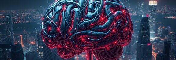 Abstrakcyjny, mechaniczny mózg z światłowodów na tle zglitchowanego miasta. Autonomia AI, podatność cybernetyczna.