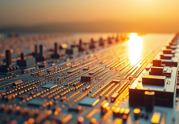 Zbliżenie krzemowego wafla z mikroskopijnymi obwodami. Abstrakcyjne strumienie danych. Metafora "wąskiego gardła" AI.