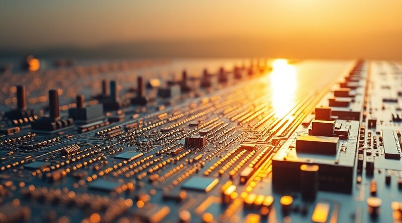 Zbliżenie krzemowego wafla z mikroskopijnymi obwodami. Abstrakcyjne strumienie danych. Metafora "wąskiego gardła" AI.