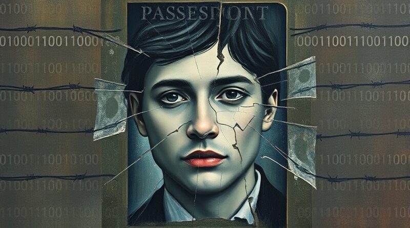 Abstrakcyjne, olejne malowidło: rozmyta twarz w pękniętym paszporcie, binarny kod i drut kolczasty. Utrata tożsamości, cyfrowy nadzór.