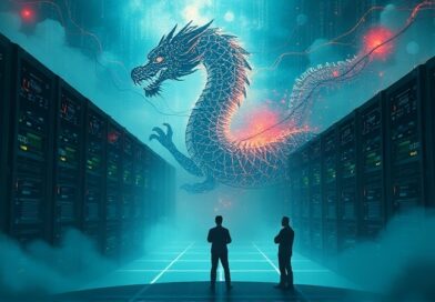 Surrealistyczna wizja: chiński smok z mikroczipów pośród serwerów i binarnych rzek, symbol zagrożenia.