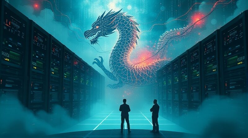 Surrealistyczna wizja: chiński smok z mikroczipów pośród serwerów i binarnych rzek, symbol zagrożenia.