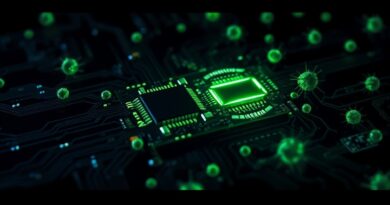 Mroczna ilustracja: obwód scalony przechodzi w patogeny, symbolizując zagrożenia AI w cyberprzestrzeni i biologii.