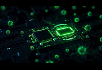 Mroczna ilustracja: obwód scalony przechodzi w patogeny, symbolizując zagrożenia AI w cyberprzestrzeni i biologii.