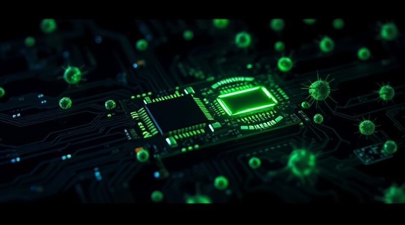 Mroczna ilustracja: obwód scalony przechodzi w patogeny, symbolizując zagrożenia AI w cyberprzestrzeni i biologii.