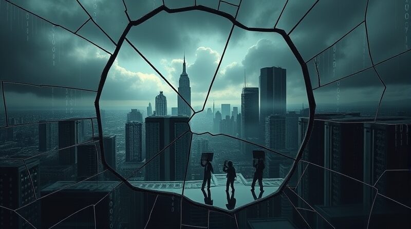 Pęknięte lustro odbija zniekształcone miasto, łzy danych, protesty i mroczne farmy serwerów AI.