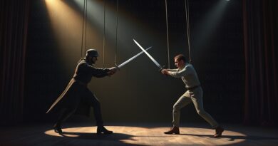 Teatralna walka na miecze w blasku reflektorów: Yann LeCun vs Claude Mythos. W tle binarny kod i marionetkowe sznurki.