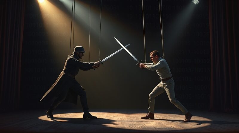 Teatralna walka na miecze w blasku reflektorów: Yann LeCun vs Claude Mythos. W tle binarny kod i marionetkowe sznurki.