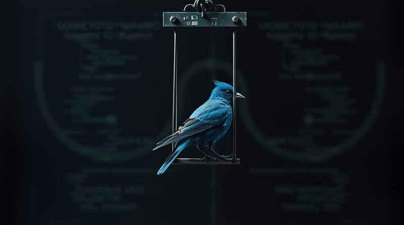 Cyfrowa gilotyna nad stylizowanym niebieskim ptakiem. Mroczne światło, cyfrowy szum, zagrożenie banicją xAI przez Apple.