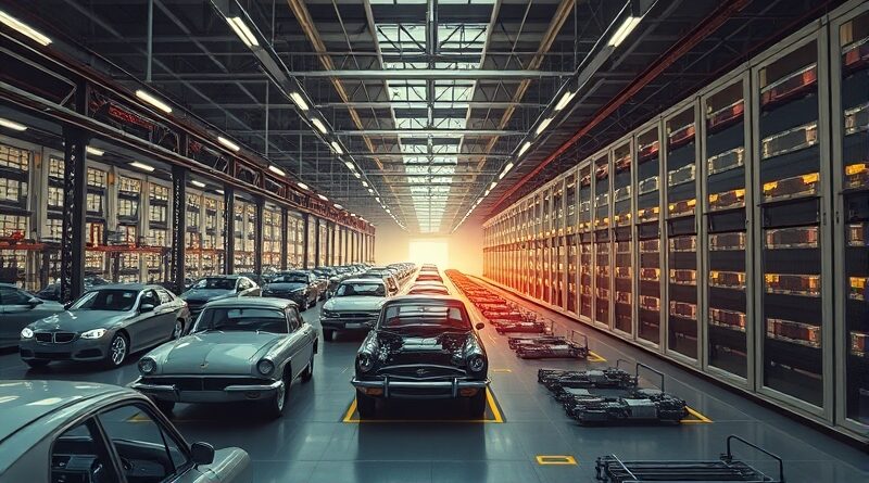 Surrealistyczny pejzaż: linia montażowa auta, zlewająca się z centrum danych. Stellantis i AI.