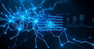 Stylizowana, świecąca na niebiesko sieć neuronowa spleciona z wojskowymi antenami na tle amerykańskiej flagi.