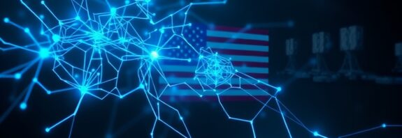 Stylizowana, świecąca na niebiesko sieć neuronowa spleciona z wojskowymi antenami na tle amerykańskiej flagi.