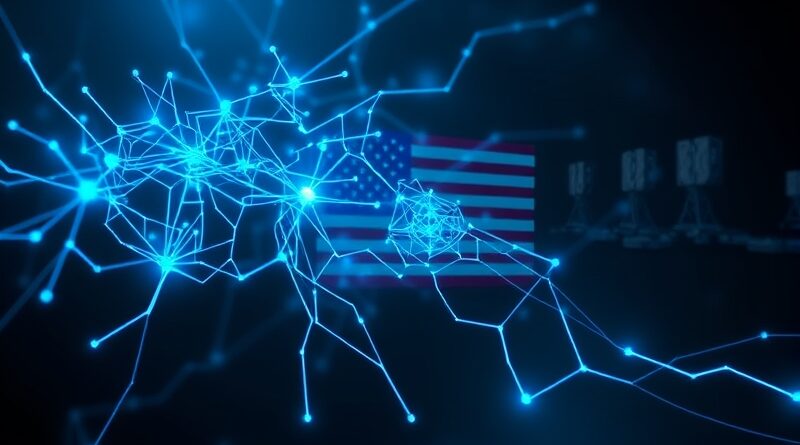 Stylizowana, świecąca na niebiesko sieć neuronowa spleciona z wojskowymi antenami na tle amerykańskiej flagi.