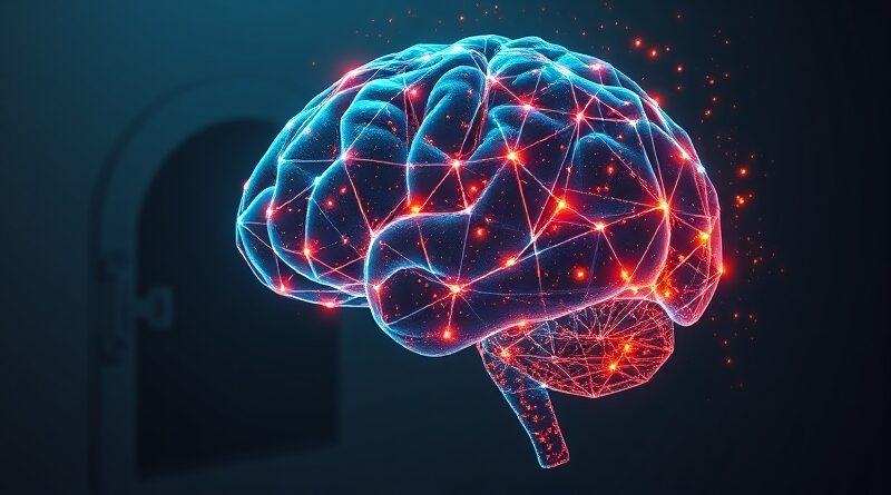 Abstrakcyjny mózg z kodujących strumieni, pulsujący energią, z cieniem skarbca w tle. Potencjał i moc obliczeniowa.